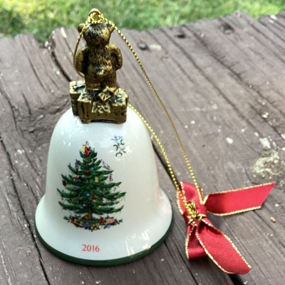 Spode 2016 Christmas Bell Ornament Teddy Bear Tree Red Ribbon